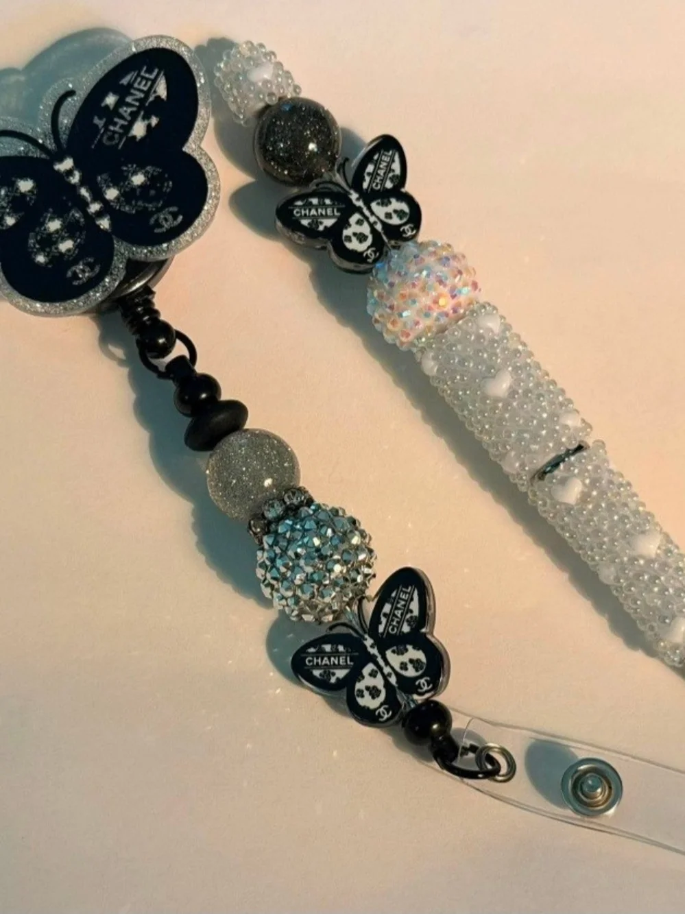 Handmade Black and White Beaded Card Lanyard with Butterfly Charms